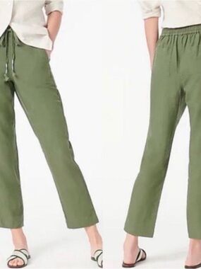 J. Crew Olive Drawstring Cropped Linen-Blend Pants